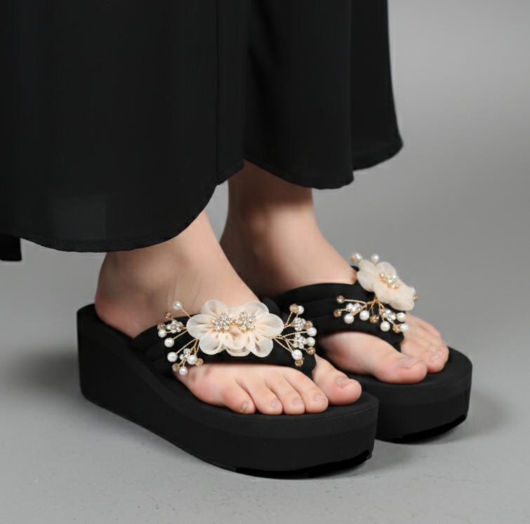 Fancy upper with artificial flower flip flops 2.5 to 2.75 inches high 3020