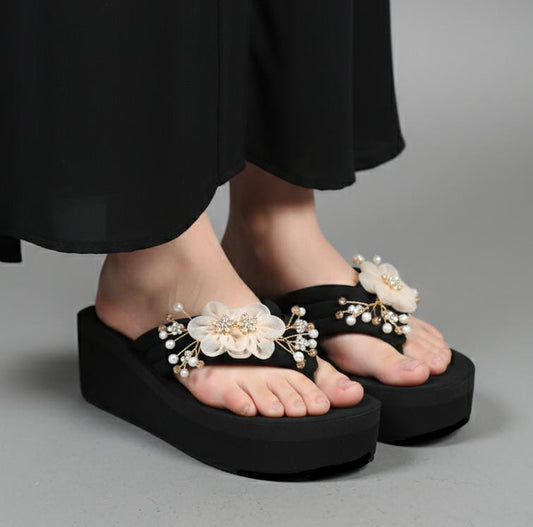 Fancy upper with artificial flower flip flops 2.5 to 2.75 inches high 3020