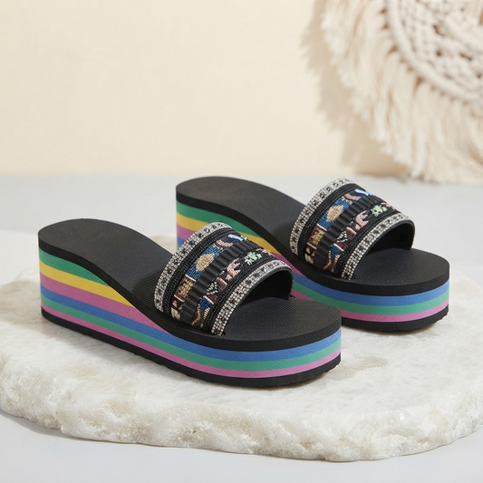 10% Off Clearance Rhinestones geometric vibe platform slides with multi-color striped sole 3066