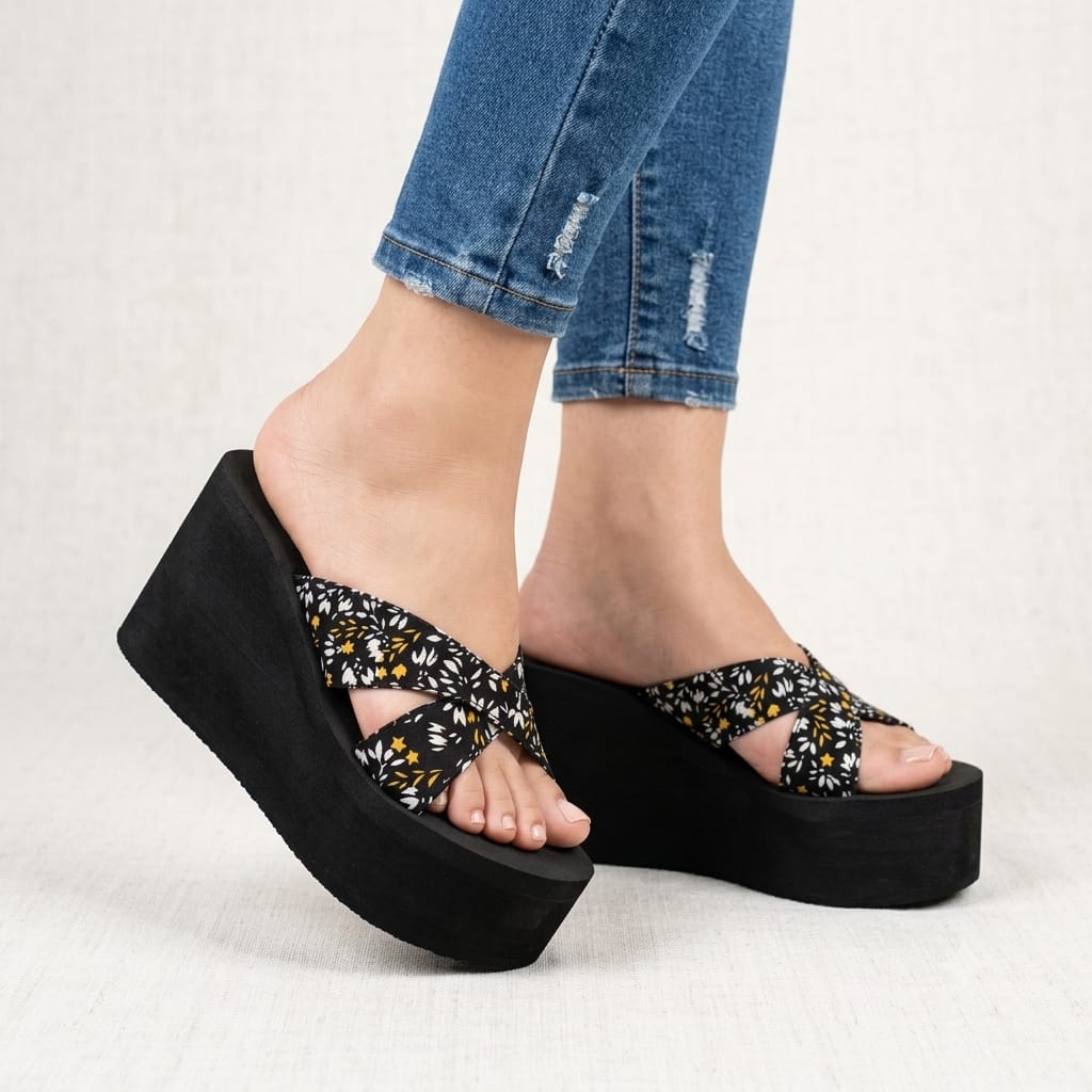 China Soft sole Floral print criss cross high wedge platform slides 3079