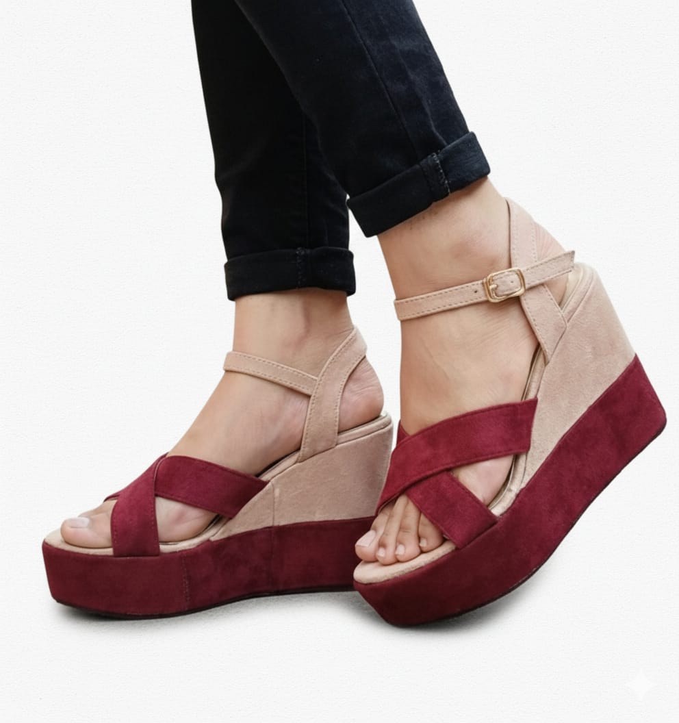 Duo tone elegant cross strap 10cm high wedge sandal 3025