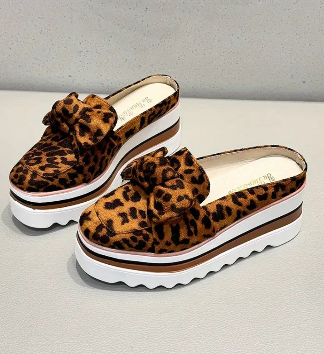 Square toe leopard print versatile platform wedges half shoes 2997