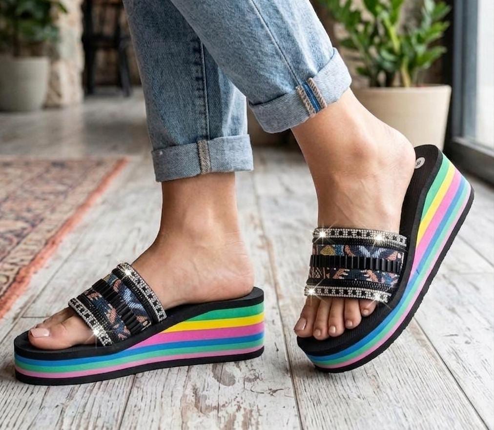Rhinestones geometric vibe platform slides with multi-color striped sole 3066