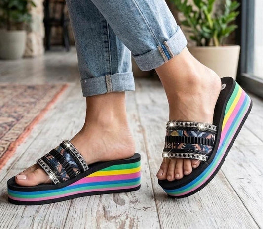 Rhinestones geometric vibe platform slides with multi-color striped sole 3066