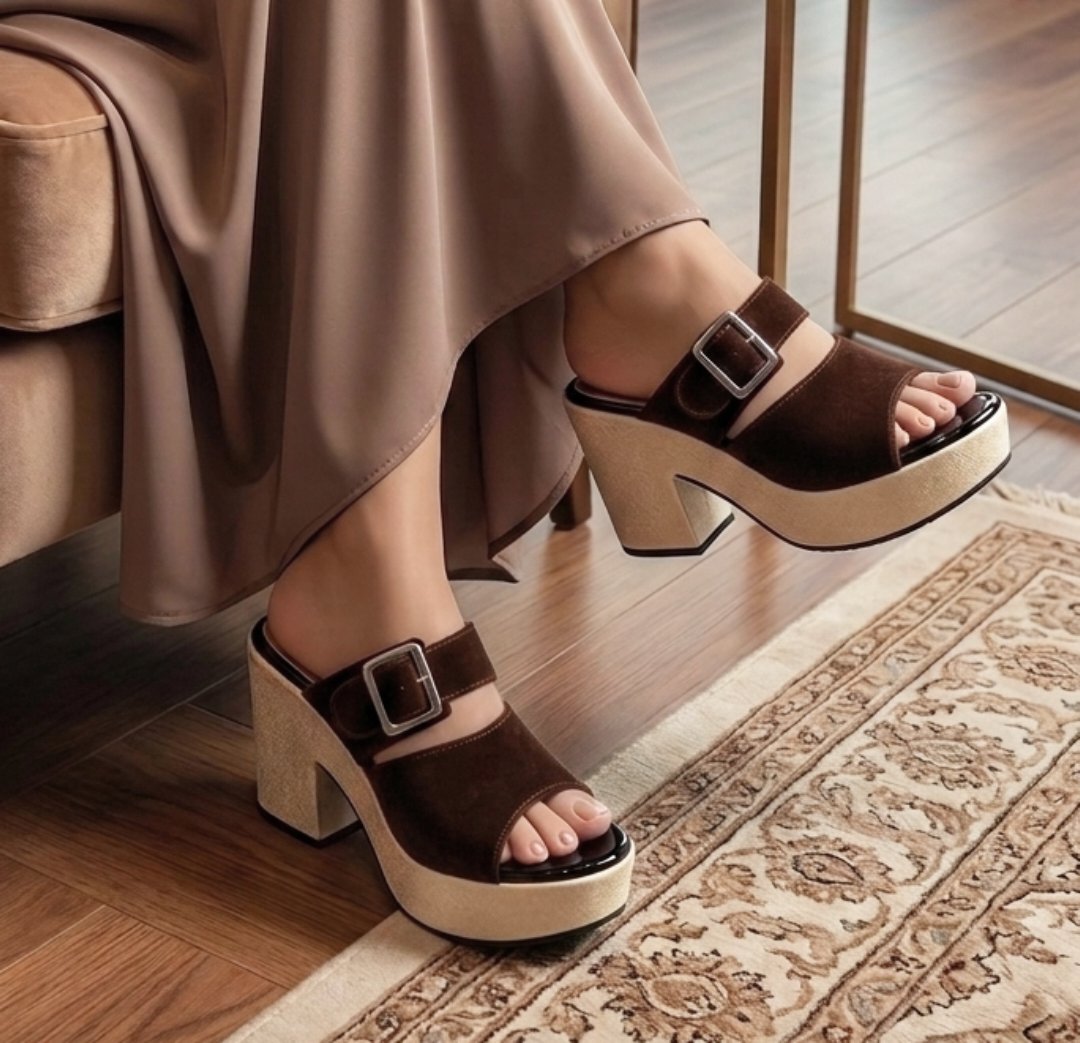Suede double straps platform block heel mules 3059