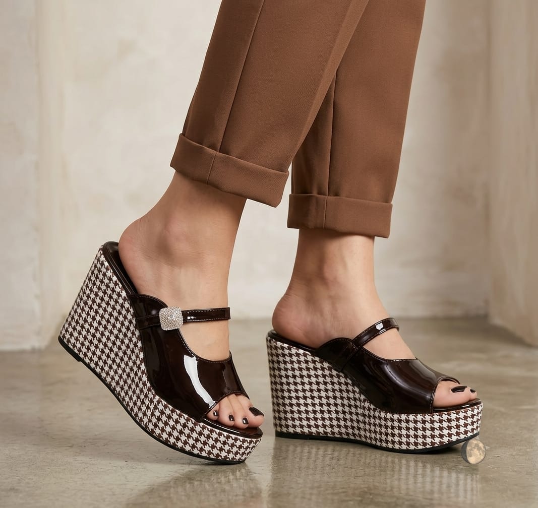 Modern houndstooth classic platform wedges mules 3061