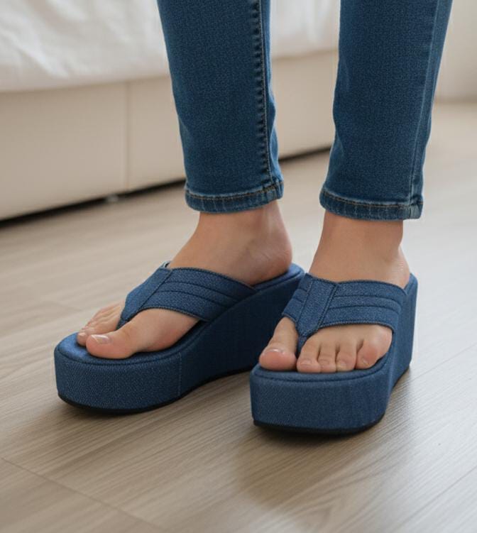 Thick sole denim upper casual 3 inches high slipper