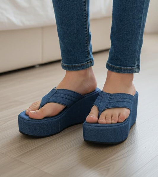 Thick sole denim upper casual 3 inches high slipper