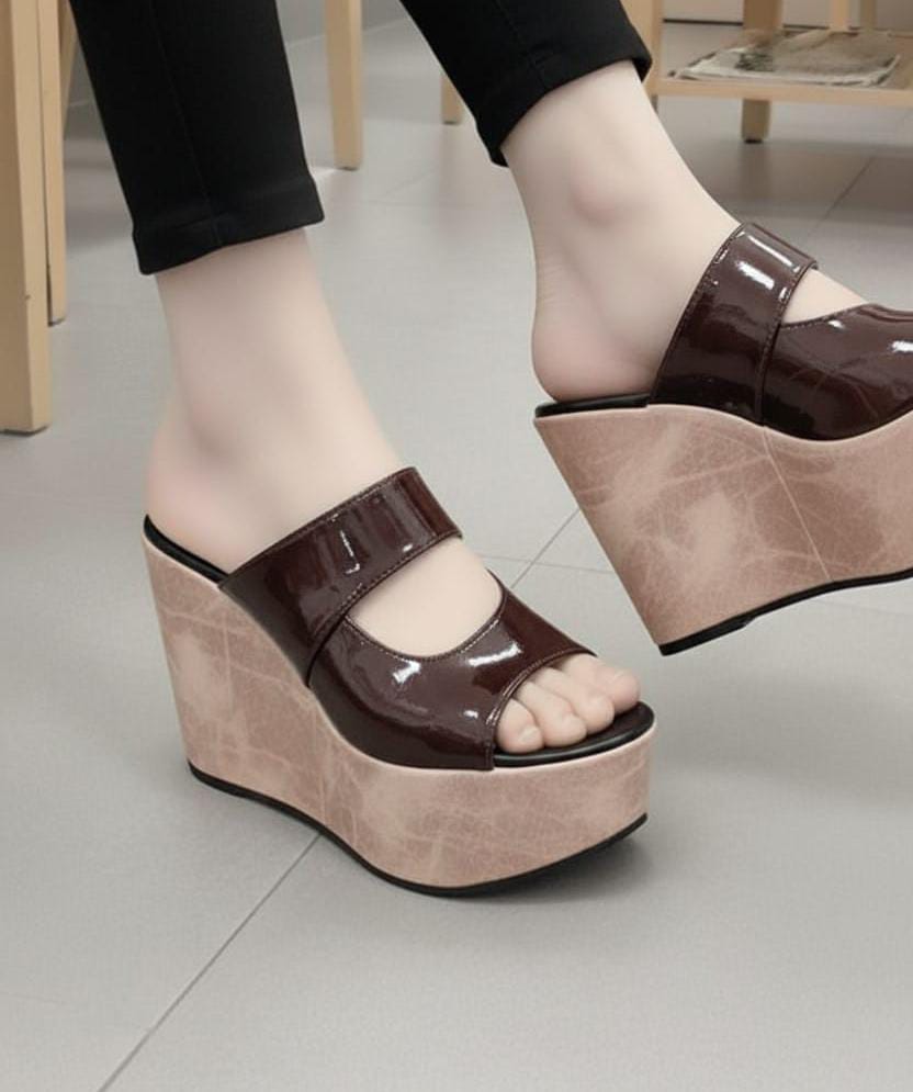 Chunky open toe high wedge shiny slip ons 3019