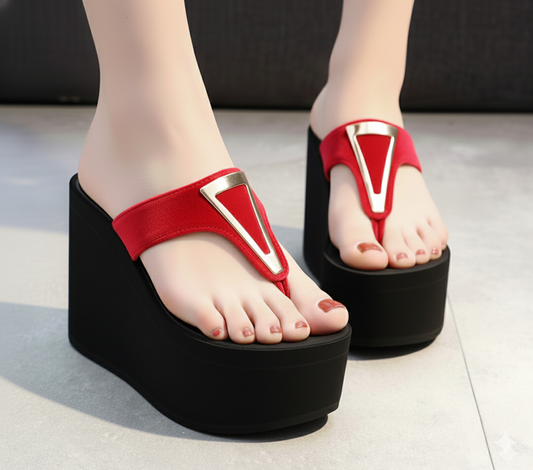 Open toe thick sole high wedge flipflop slipper 3030 golden buckle