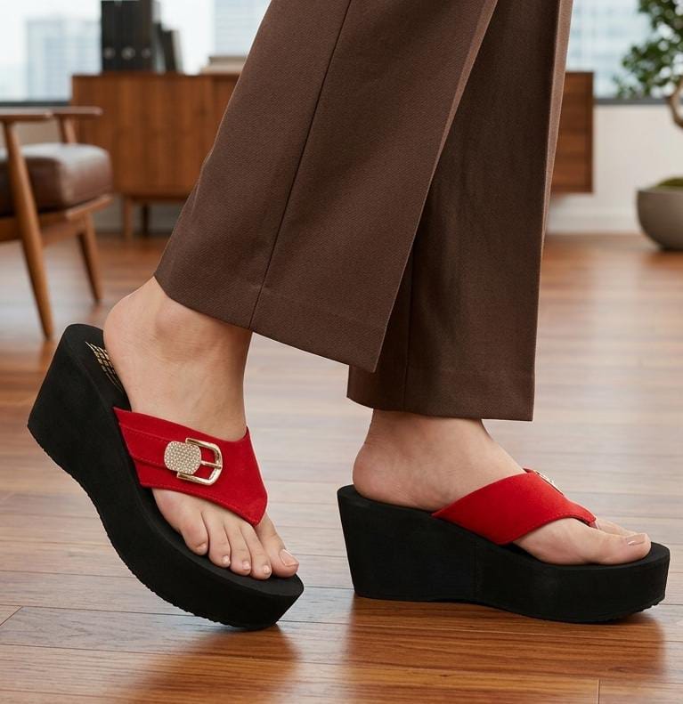 Glamour step royal buckle suede wedge slippers 3081