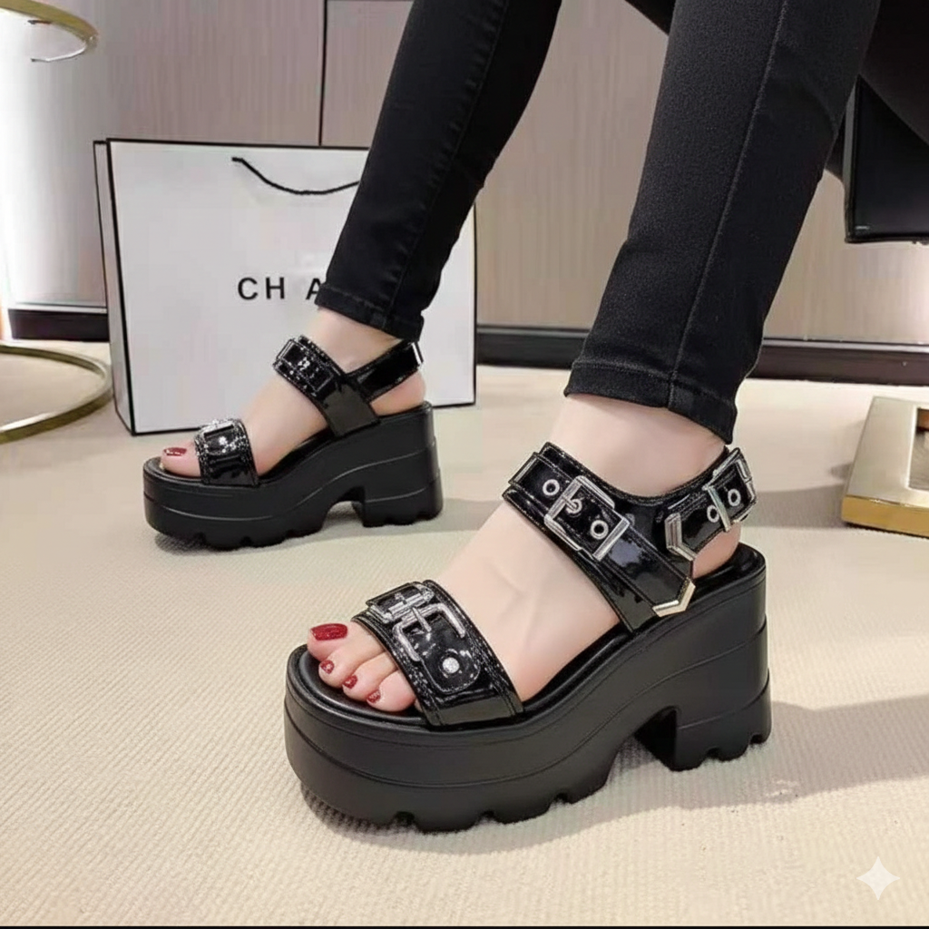 Glossy chunky platform elite sandal with royal buckle straps 3040