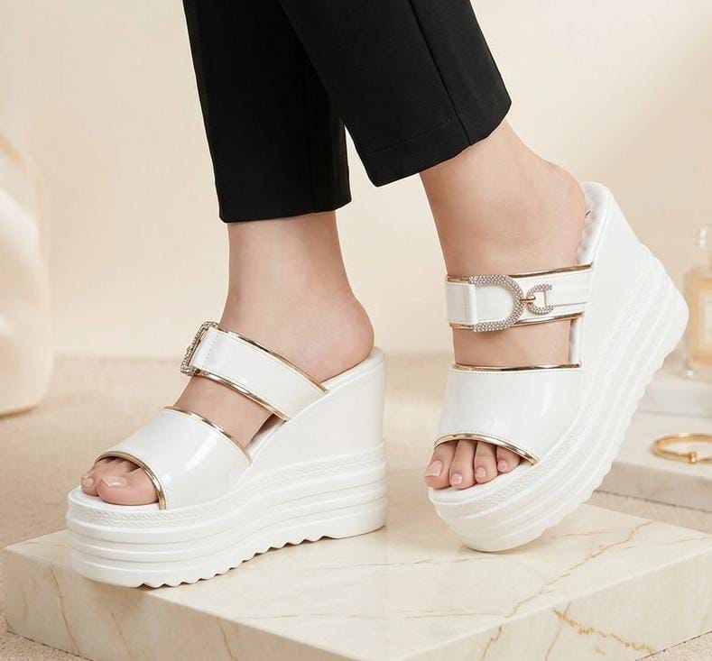 Luna gloss double straps rhinestones buckle platform wedges slides 3071