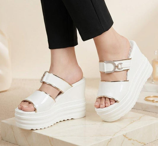 Luna gloss double straps rhinestones buckle platform wedges slides 3071