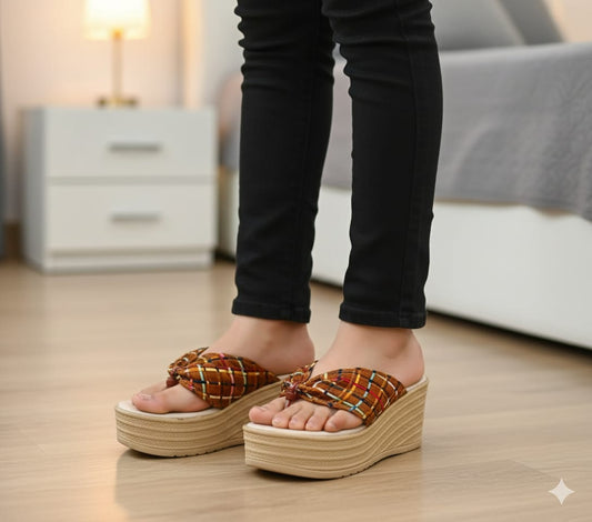 Wooden style fancy fabric upper 2.75 inches slipper