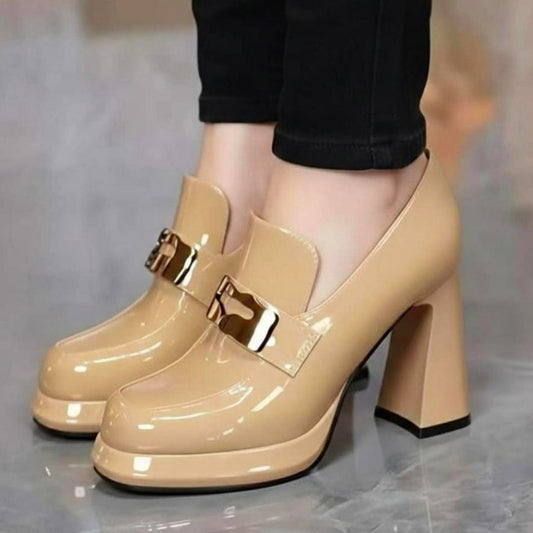 Glossy square toe block heel pumps with metallic buckle 3044