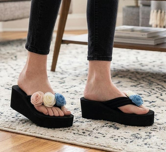 Tripple flower flipflops wedge slippers 2.5 inches high 2586