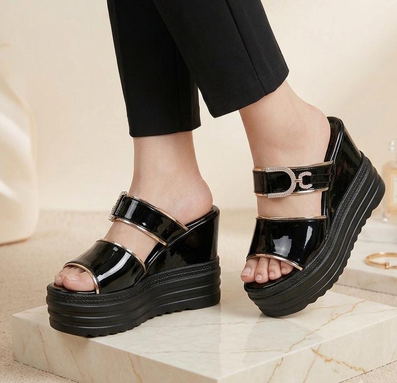 Luna gloss double straps rhinestones buckle platform wedges slides 3071