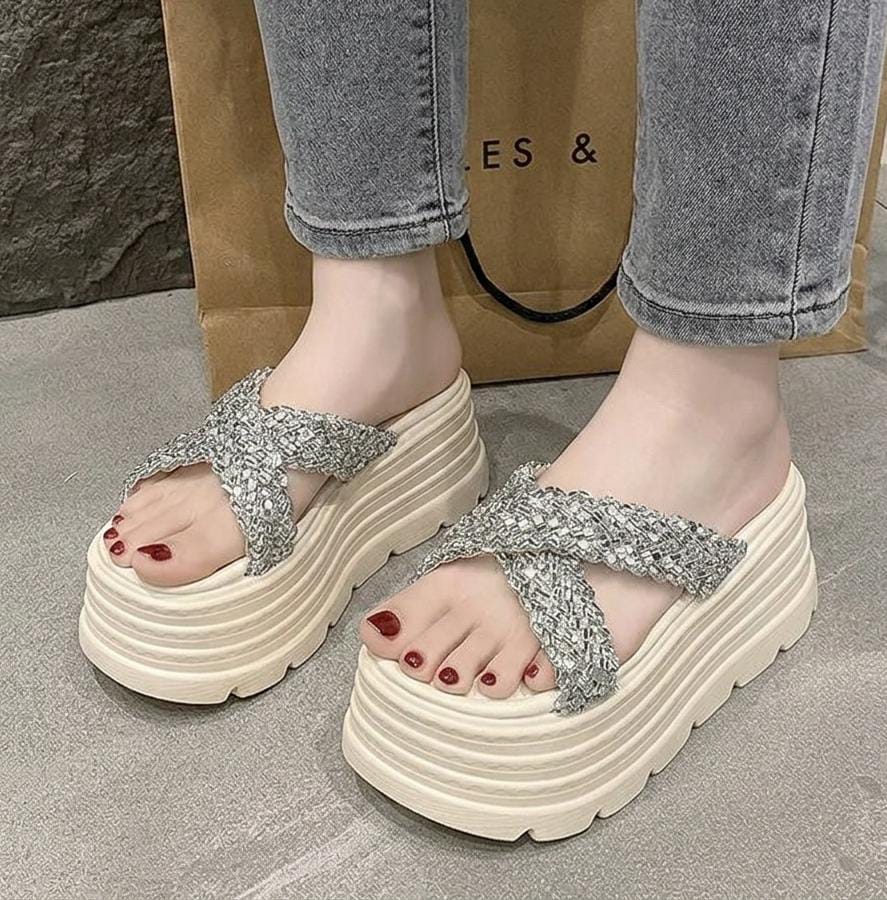 Crystal crush glitter icy step shimmer slides thick sole 3047