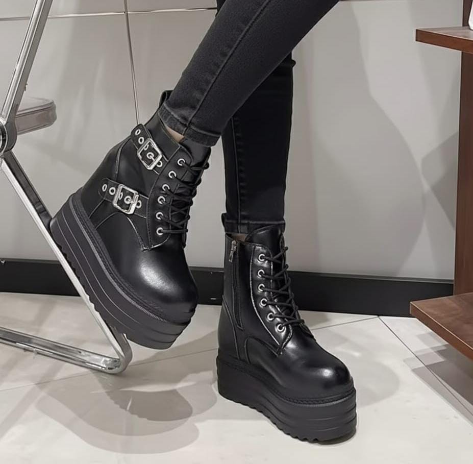 Double buckle combat boot high wedge laceup ankle shoes 3015