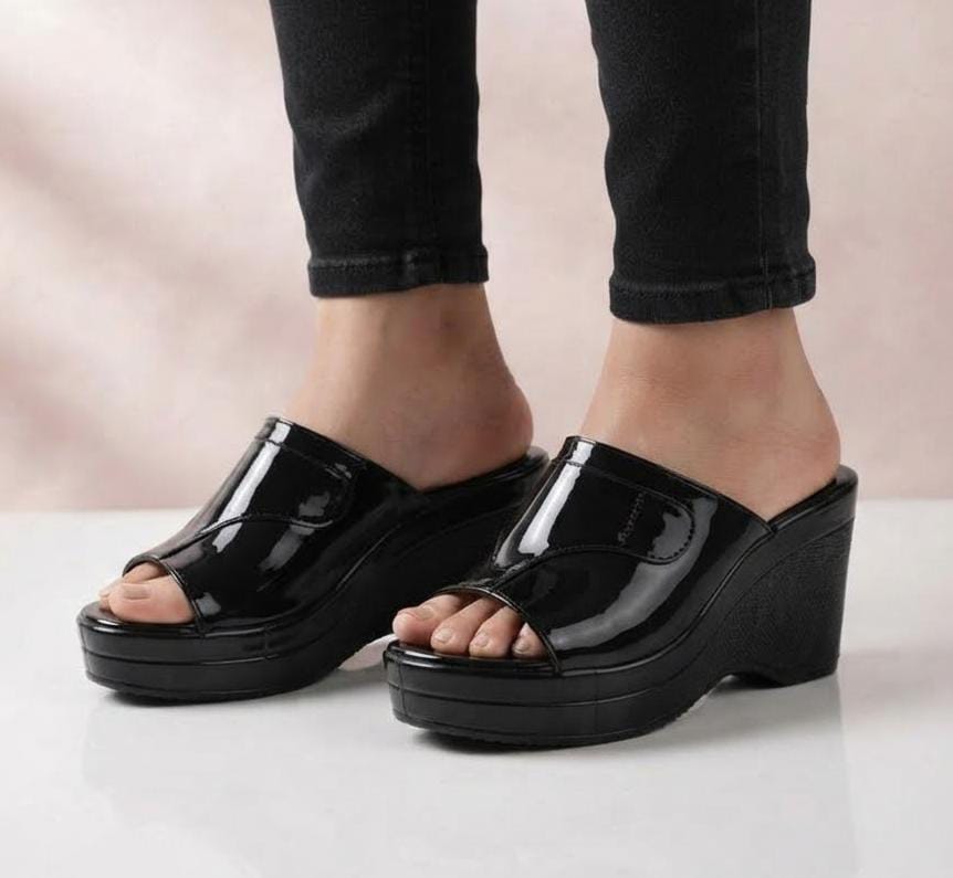 Glamour glossy shine open toe platform wedge mules 3098