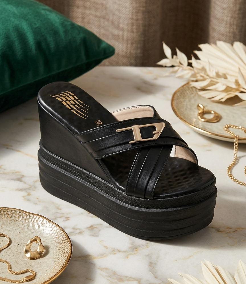 Chunky thick sole criss cross buckle platform wedges slides 3073