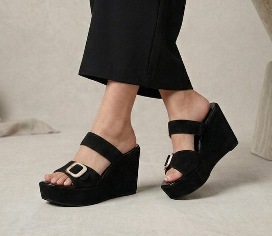 Elegant suede platform high wedge slide slipper 3056
