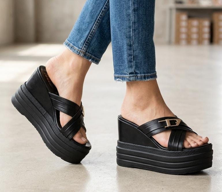 Chunky thick sole criss cross buckle platform wedges slides 3073
