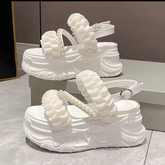 Pearl studded chunky wedges platform sandals 2854