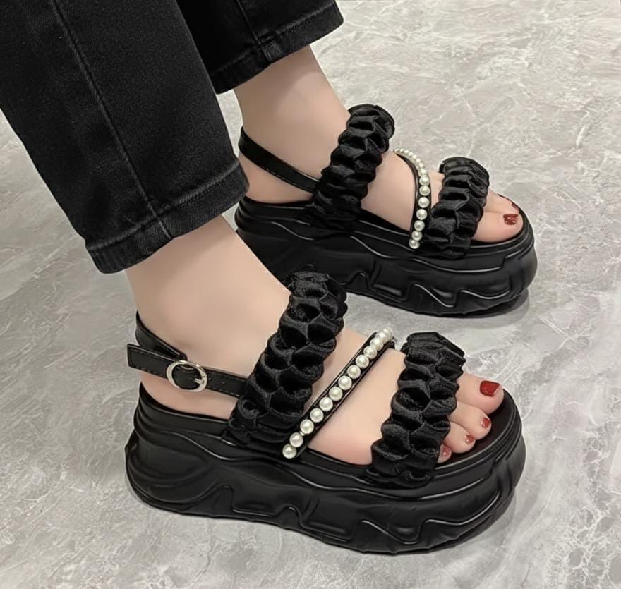 Pearl studded chunky wedges platform sandals 2854